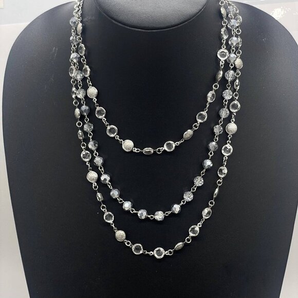 WHBM Jewelry - WHBM Triple Strand Crystal Clear Beaded Statement Necklace Silver Tone 18"